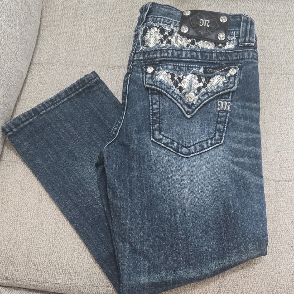 Miss Me Dark Blue Boot Cut Jeans with Silver Accents